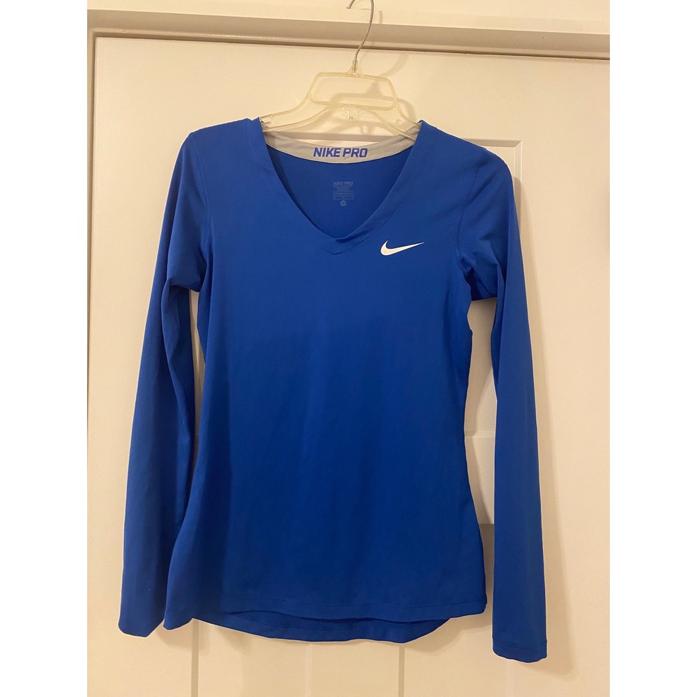 Nike Pro Dri-FIT Royal Blue V-Neck Long Sleeve Training Top with Thumbholes M